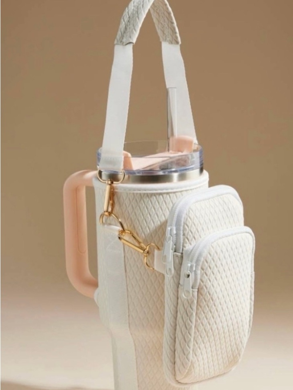 Ivory Neoprene Tumbler Crossbody Bag With Adjustable Strap